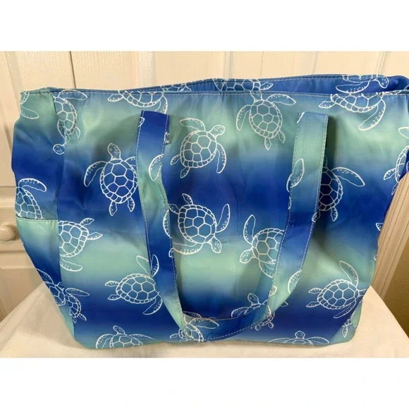 Sea Turtle Ombré Beach Tote Bag with Matching Towel Blue Green Ocean Print - Picture 3 of 12